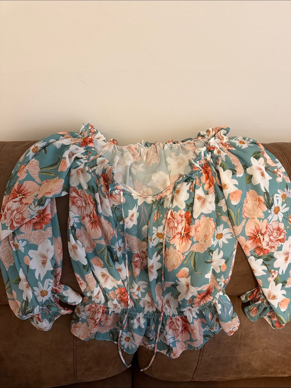 Floral Off-Shoulder Peasant Blouse - Teal Peach